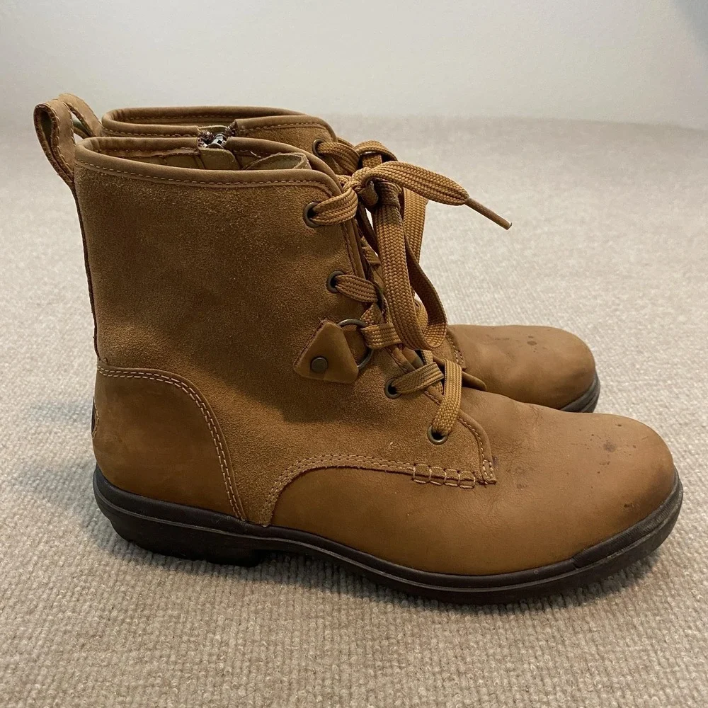 UGG Boots Womens Size 10 Brown Leather Fleece Lined Ankle Combat Zip Lace‎ Up